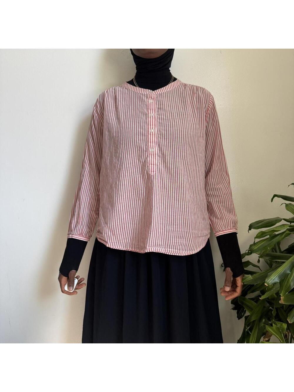J. Crew Red & White Striped Henley Lightweight Blouse - XL